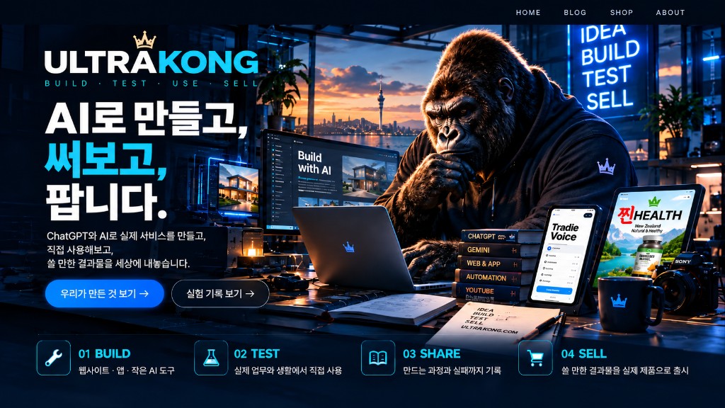 ULTRAKONG.com — AI로 만들고, 써보고, 팝니다. BUILD · TEST · USE · SELL